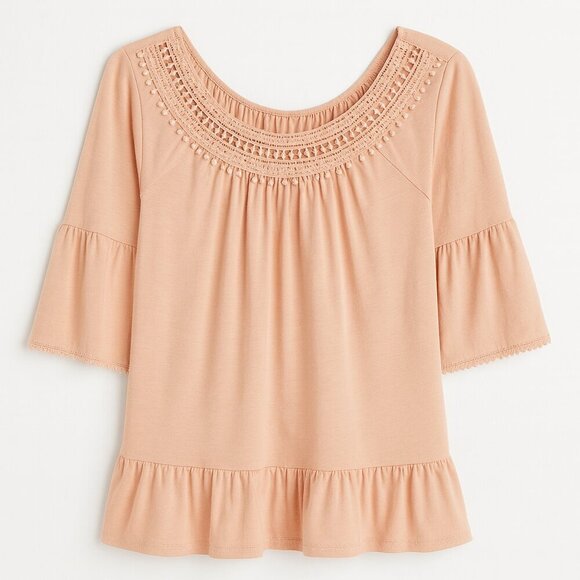 WinWin Tops - WinWin Peach Crochet Accent Blouse 3/4 Bell Sleeve L-X